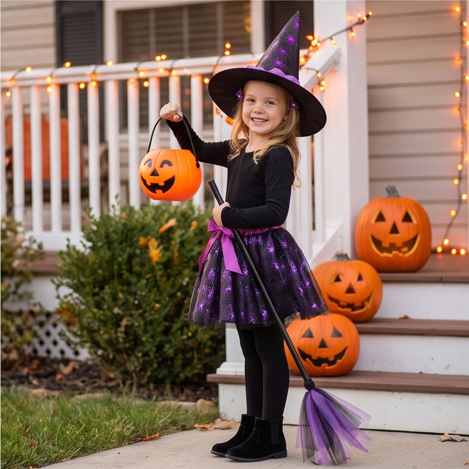 choiix Witch Tutu Skirt and Hat Set with Broomstick Halloween Costume Outfit with Printed Tulle Skirt and Witch Hat Cosplay Outfit for Party 100