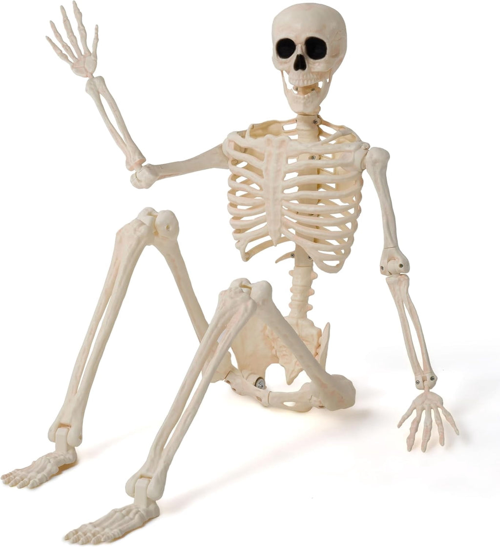 Joyfy 24 Inch Halloween Skeleton Decor with LED Light Eyes,Posable Skeleton Halloween Prop Full Body with Movable Joints for Haunted House Indoor Outdoor Decoration Spooky Decor