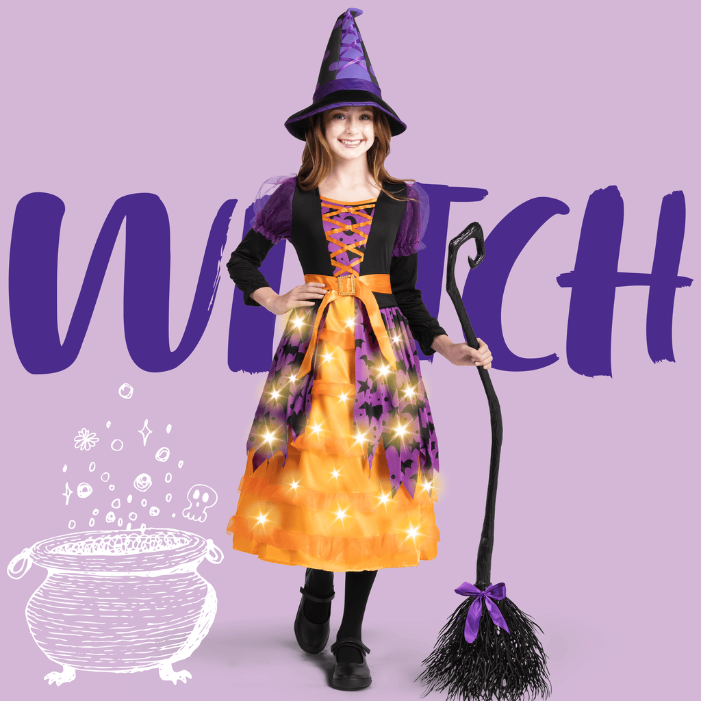 Joyfy Light up Witch Costume for Girls,Starry Witch Dress with Broom Hat for Kids and Toddlers, Perfect for Halloween Party Dress-up Cosplay Age 5-7