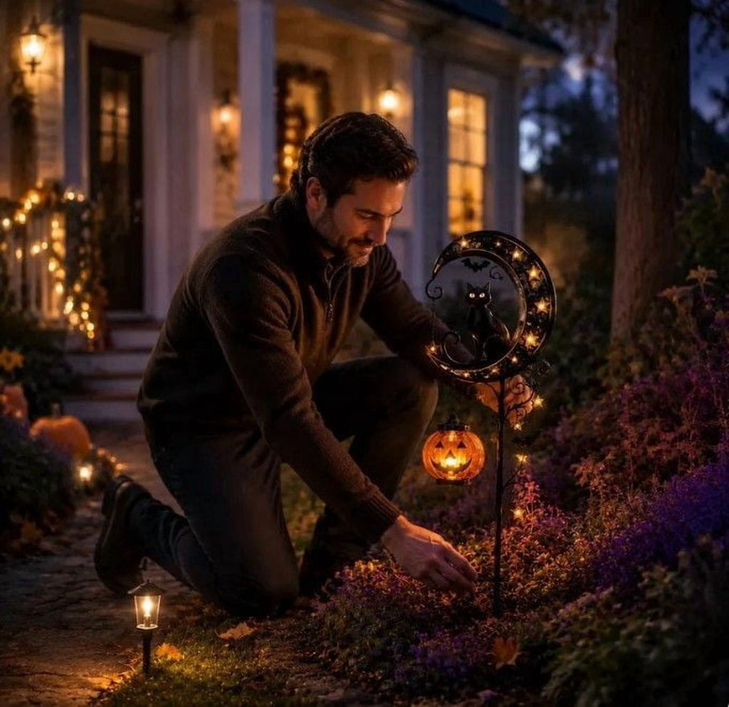 Halloween Crescent Moon Pumpkin Solar Stake Light, Star Hollow Cutout Ground Lamp, Anti Rust Halloween Decorations Party for Yard Walkway black