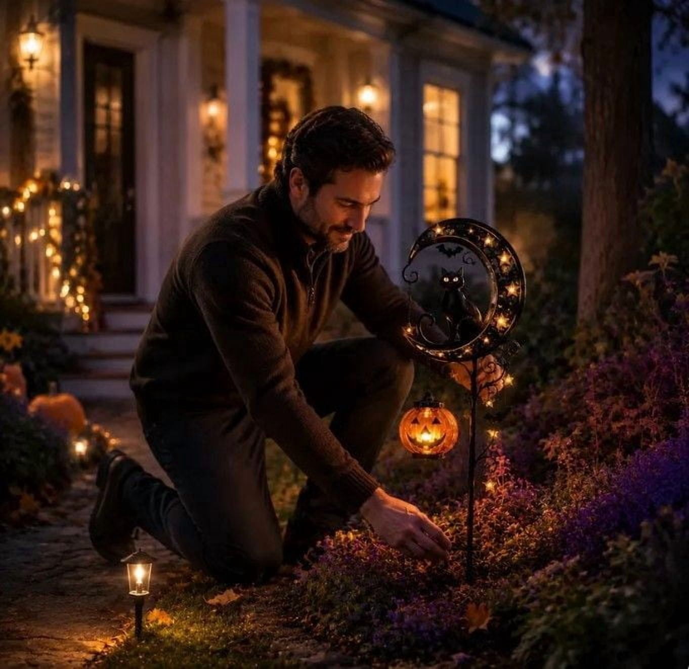 Halloween Crescent Moon Pumpkin Solar Stake Light, Star Hollow Cutout Ground Lamp, Anti Rust Halloween Decorations Party for Yard Walkway black