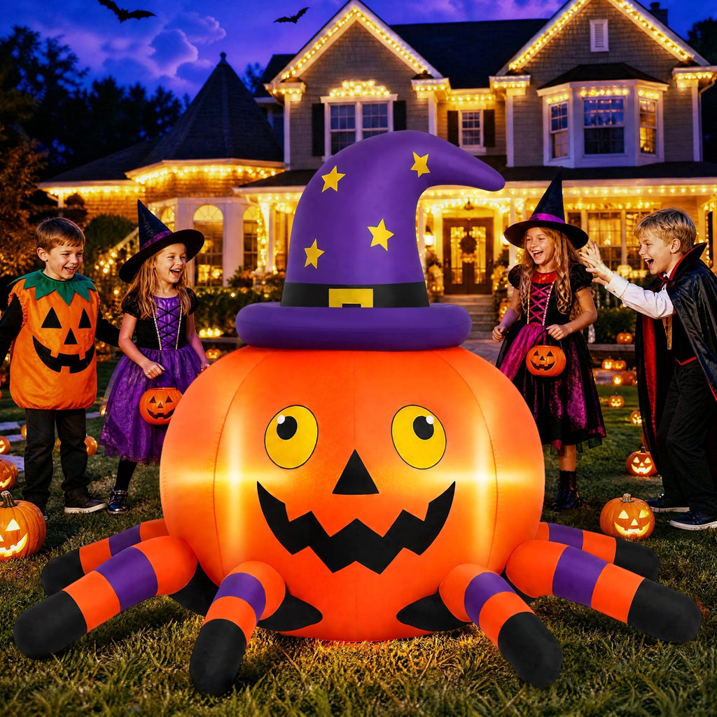 Firstness 6.2FT Halloween Inflatable Decorations Pumpkin Spider with LED Lights, Halloween Blow Ups for Yard Party