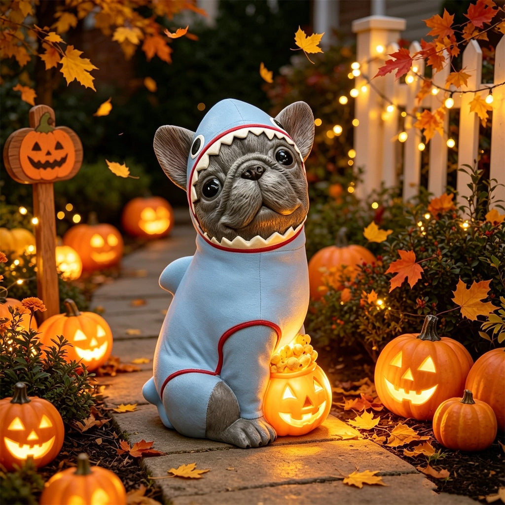 Halloween Dog Greeter - Frenchie 7.9in Resin Witch Dog with Light-Up Pumpkin, Spooky Fall Decor, Indoor Outdoor Tabletop Decoration