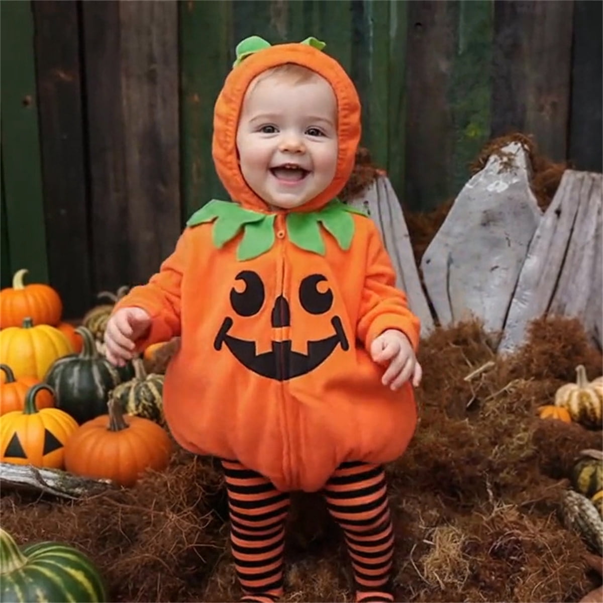 QEFJNO Unisex Toddler Baby Halloween Pumpkin Costume, Newborn Infant Long Sleeve Hooded Jumpsuit with Pants 2pcs Outfits