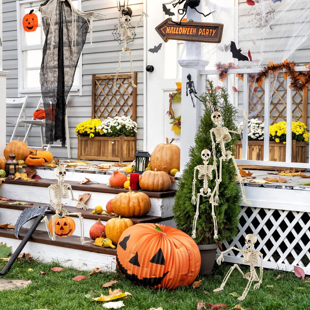 Yalumo Skeleton Halloween Decorations, 4 Pack 16” Full Body Posable Skeleton with Movable Joints, Small Plastic Skeleton Props for Haunted Houses, Graveyards, Yards, Spooky Party Indoor Outdoor Decor