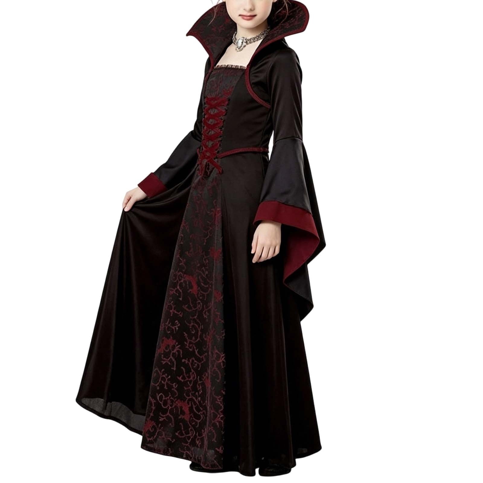 DxhmoneyHX Girls Halloween Vampire Costume Medieval Gothic Long Flared Sleeve Witch Dress Classic Outfit for Festival Party 3‑13 Years