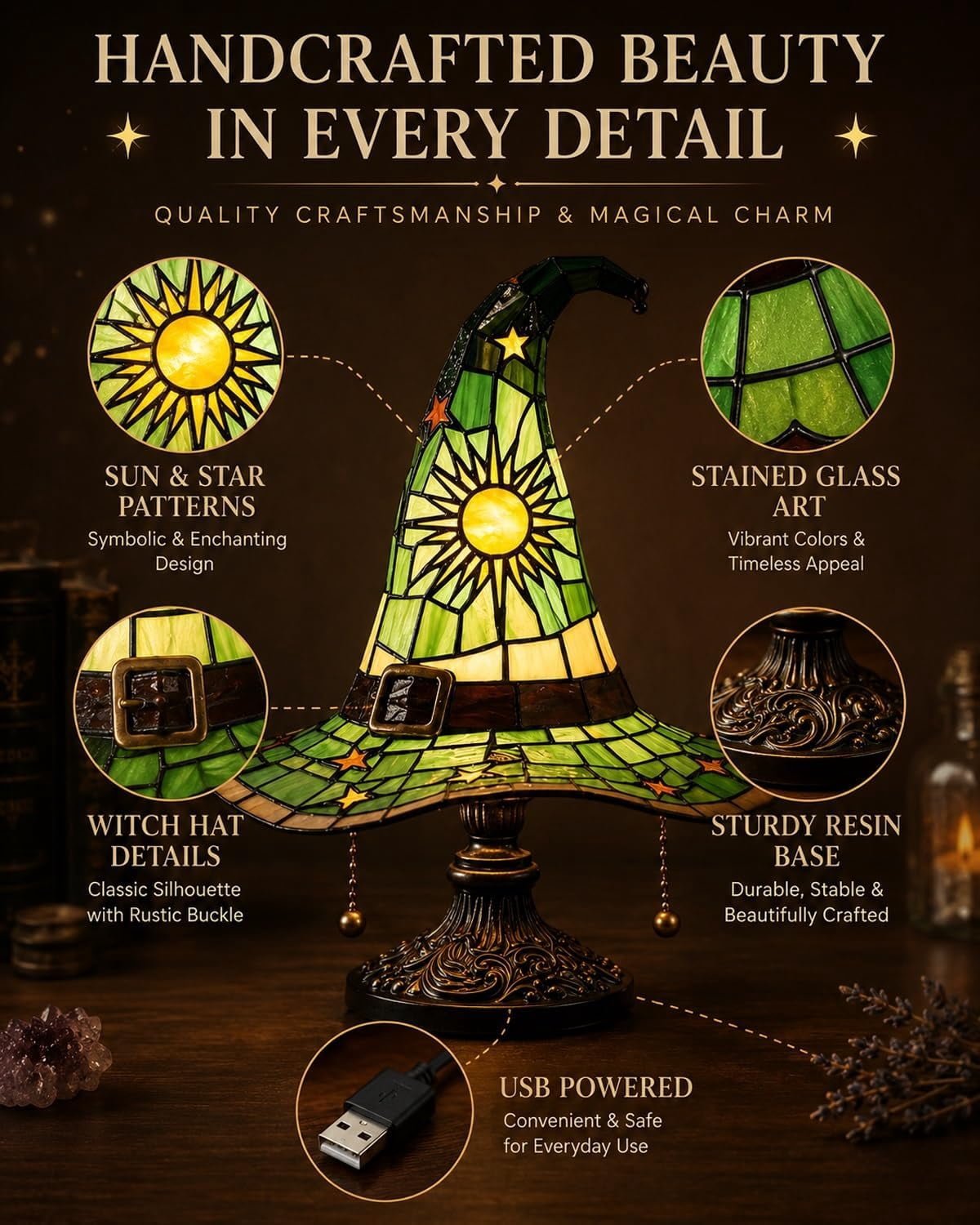 Clearance Halloween Table Lamp Decorations, Witch Hat Lamp Gifts - Handcrafted Retro Resin Witch Lamp, USB Powered Gothic Wizard Hats Night Light, Home Decor Accent Lamps for Bedroom