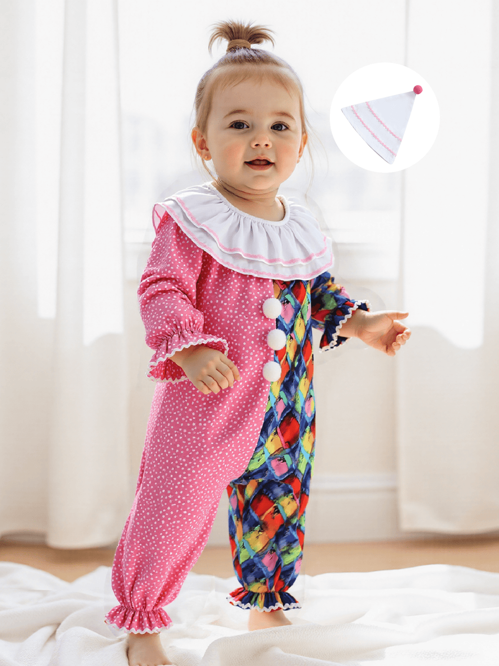 RUINIXCW Kids Toddler Baby Girl Boy Halloween Outfit Clown Costume Infant Baby Girl Boy Romper Birthday Photoshoot Outfit Contrast Color Long Sleeve Jumpsuit Hat