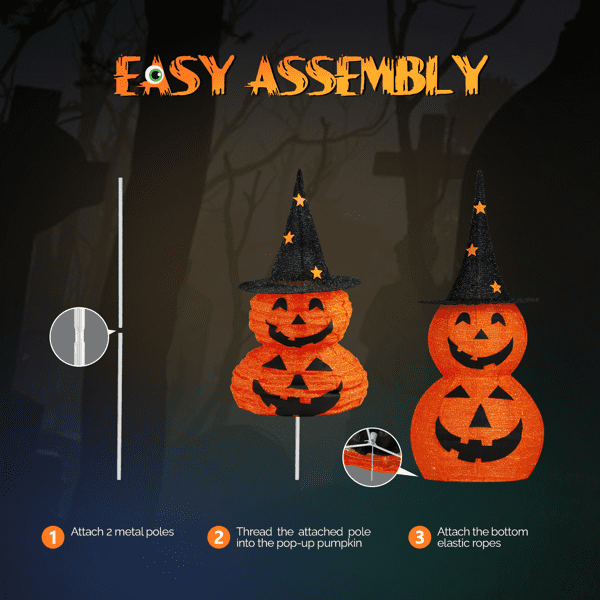 Alvantor 2-Pack 3 ft Lighted Pop-Up Pumpkin Halloween Decorations with Witch Hats and 150 LEDs Total, Orange and Black