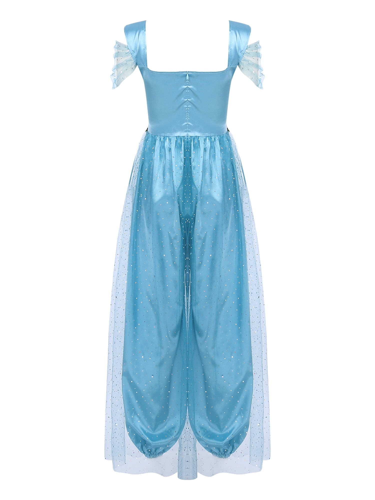 Aislor Women Halloween Arabian Princess Cosplay Costume Sequins Belly Dance Romper Jumpsuit Fancy Dress Lake Blue L