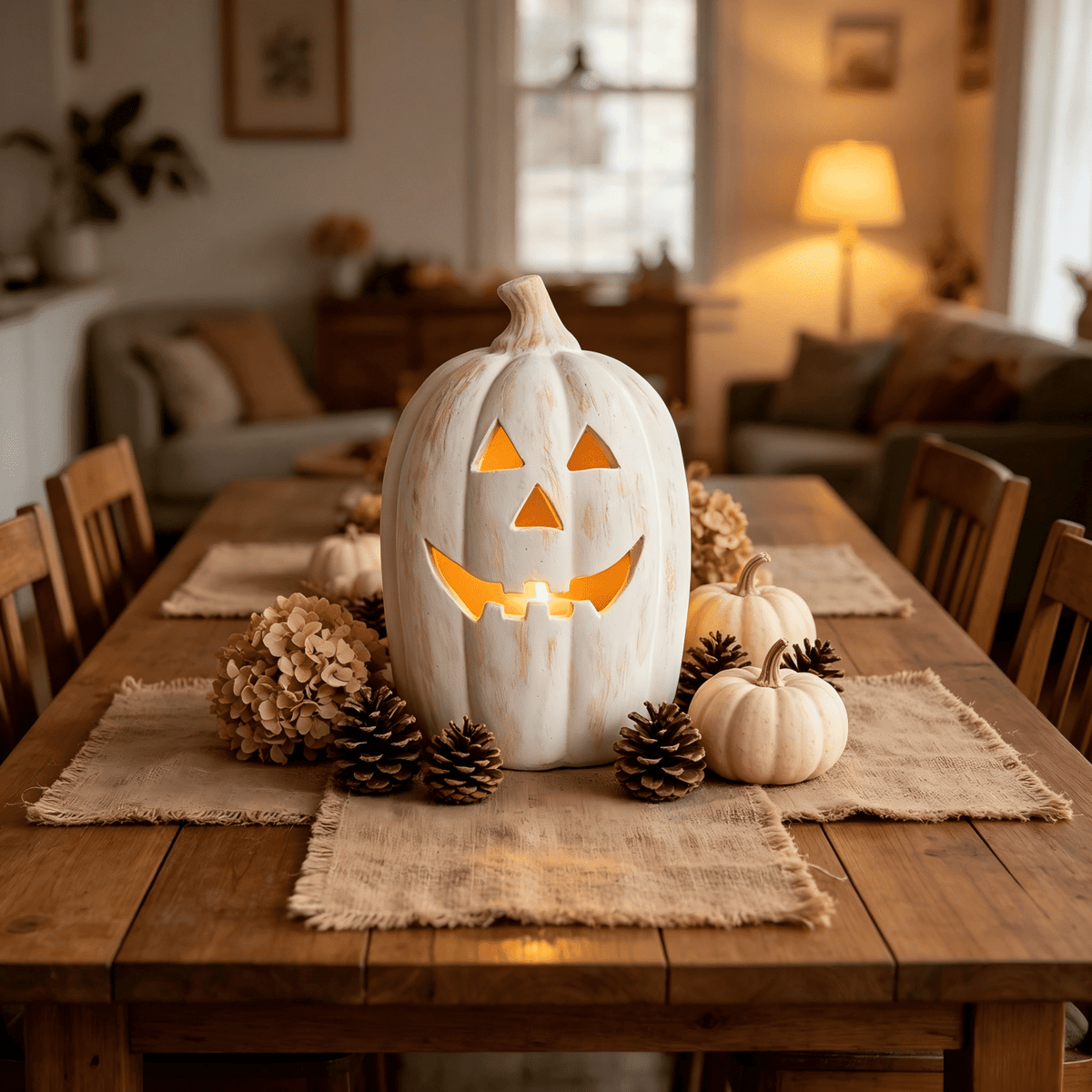 Fall Decor - Halloween Decorations - 5.9"H White Handmade Resin Pumpkin Jack O' Lantern with Flameless Candle - Outdoor Indoor Autumn Decoration for Table Centerpieces Porch Room Front Door