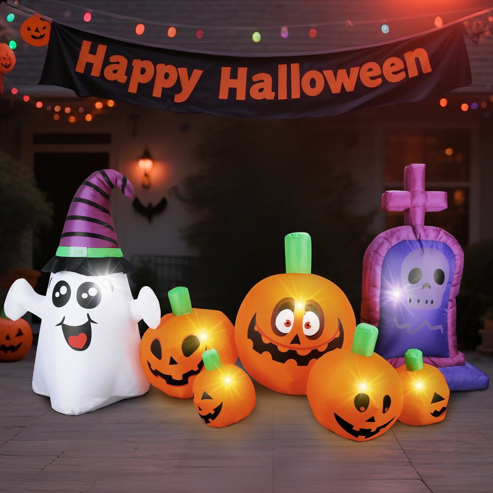 MAGOTAN 9 FT Halloween Inflatables Archway Outdoor Decorations Pumpkin Ghost Archway Halloween Inflatable Blow Up Pumpkin Tombstone Decoration Build-in LED Lights