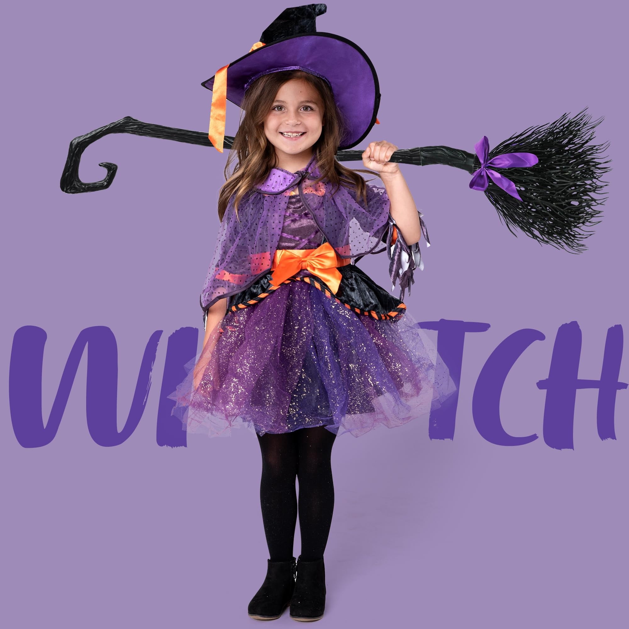 Joyfy Witch Costume for Girls, Purple Witch Dress with Broom Hat for Kids and Toddlers Halloween Dress up Parties