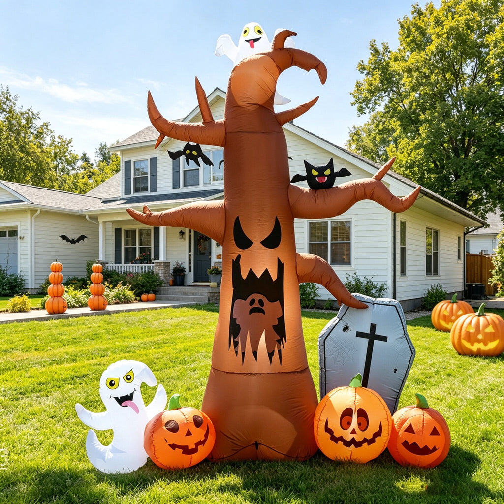 Coolmade 8 ft Halloween Inflatable Dead Tree with Ghost Pumpkins Tombstone Bat Built‑in LED Lights Outdoor Yard Decor`