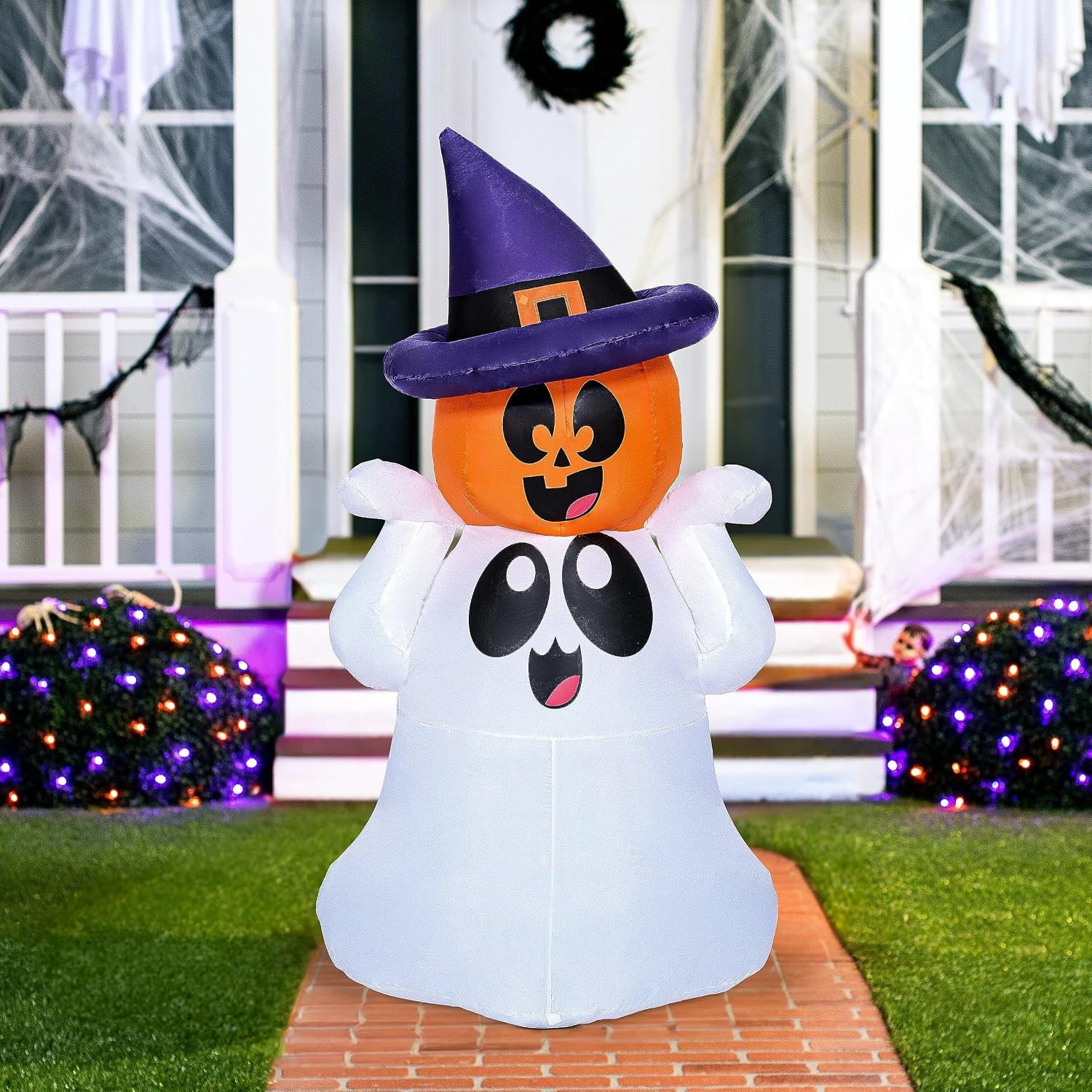 Joyfy 5Ft Halloween Inflatable Pumpkin Ghost with Colorful LED Lights,Halloween Blow Up Cute Decor for Indoor Outdoor Holiday Yard Decoration