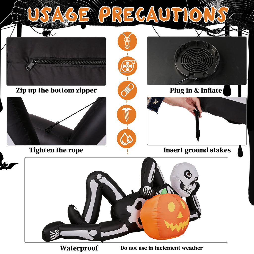 7ft Halloween Inflatable Lying Skeleton with 7 LED Lights for Lawn Decor