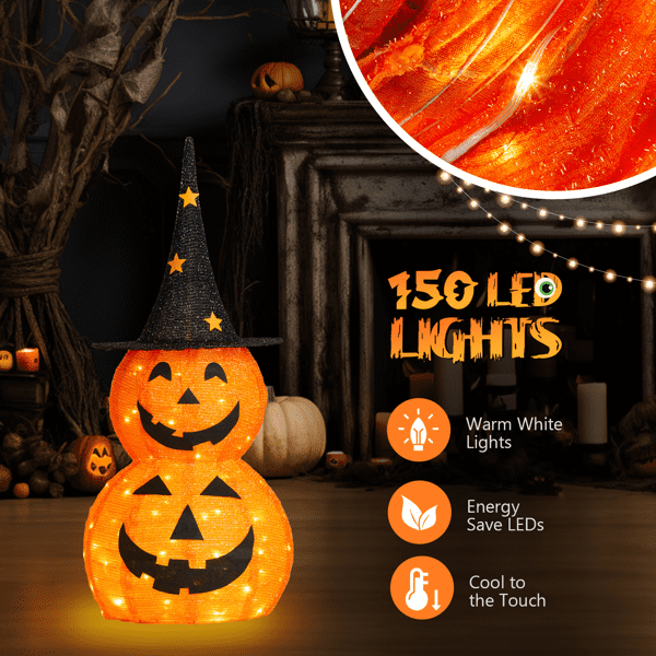 Alvantor 2-Pack 3 ft Lighted Pop-Up Pumpkin Halloween Decorations with Witch Hats and 150 LEDs Total, Orange and Black