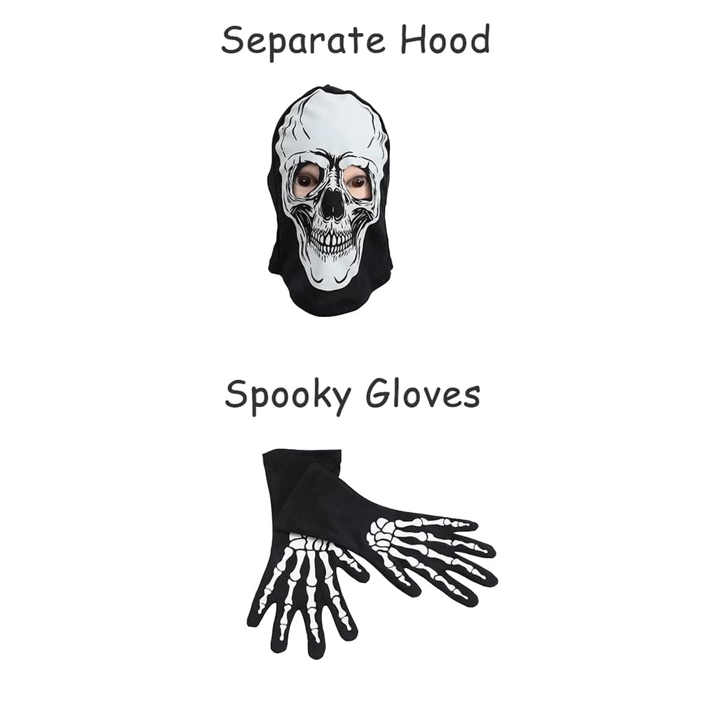 WIBACKER Kids Skeleton Halloween Costume, Glow in The Dark Halloween Cosplay Onesie for Boys and Girls, Jumpsuit + Gloves + Hood Mask
