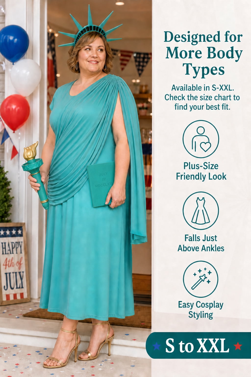 VZQI Statue of Liberty Costume Set for Women, Lady Liberty Outfit | Liberty-inspired costume set with gift-box packaging; choose 2-piece or 4-piece options for Halloween, parties and July 5th