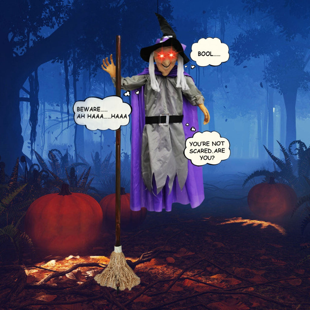 Halloween Flying Witch on Broom Decorations, 6 FT Animated Hovering Witch Animatronics Holding Sweeper Props with Scary Sounds and Lights, House Decor for Outside Indoor Garden Yard Lawn