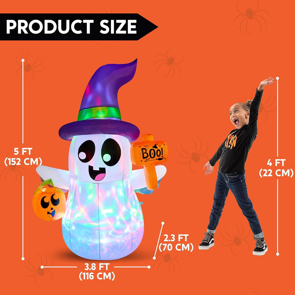 Joyfy 5Ft Halloween Inflatable Pumpkin Ghost with Colorful LED Lights,Halloween Blow Up Cute Decor for Indoor Outdoor Holiday Yard Decoration