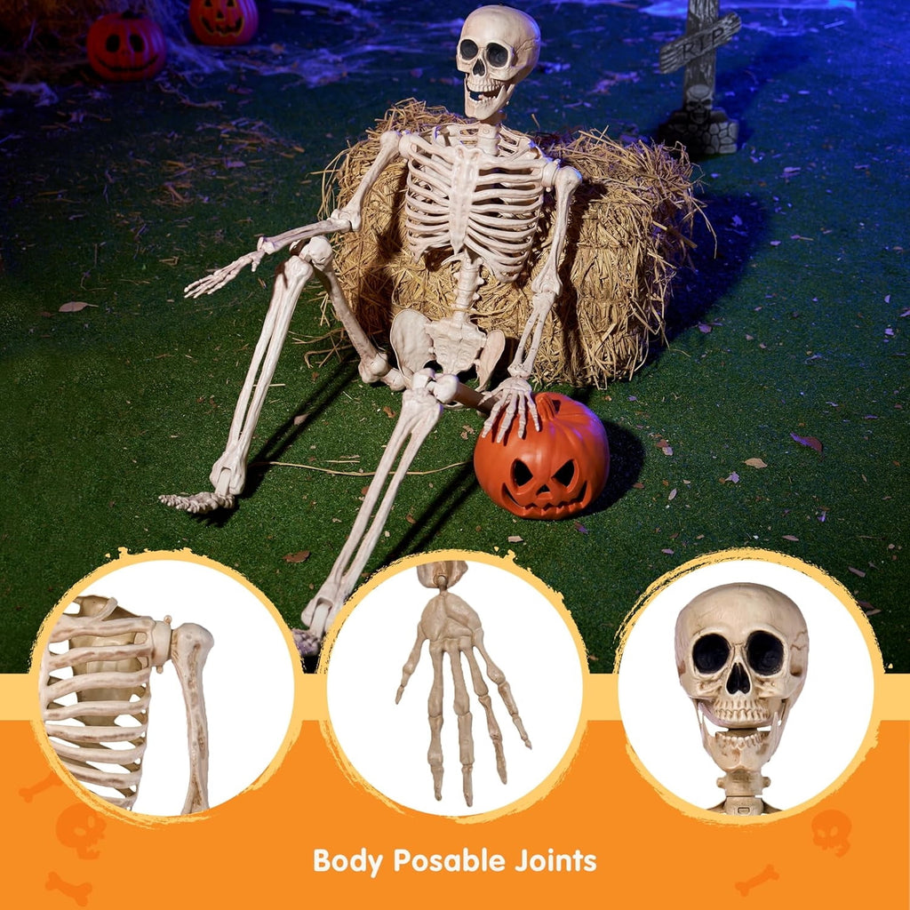 Joyfy 24 Inch Halloween Skeleton Decor with LED Light Eyes,Posable Skeleton Halloween Prop Full Body with Movable Joints for Haunted House Indoor Outdoor Decoration Spooky Decor