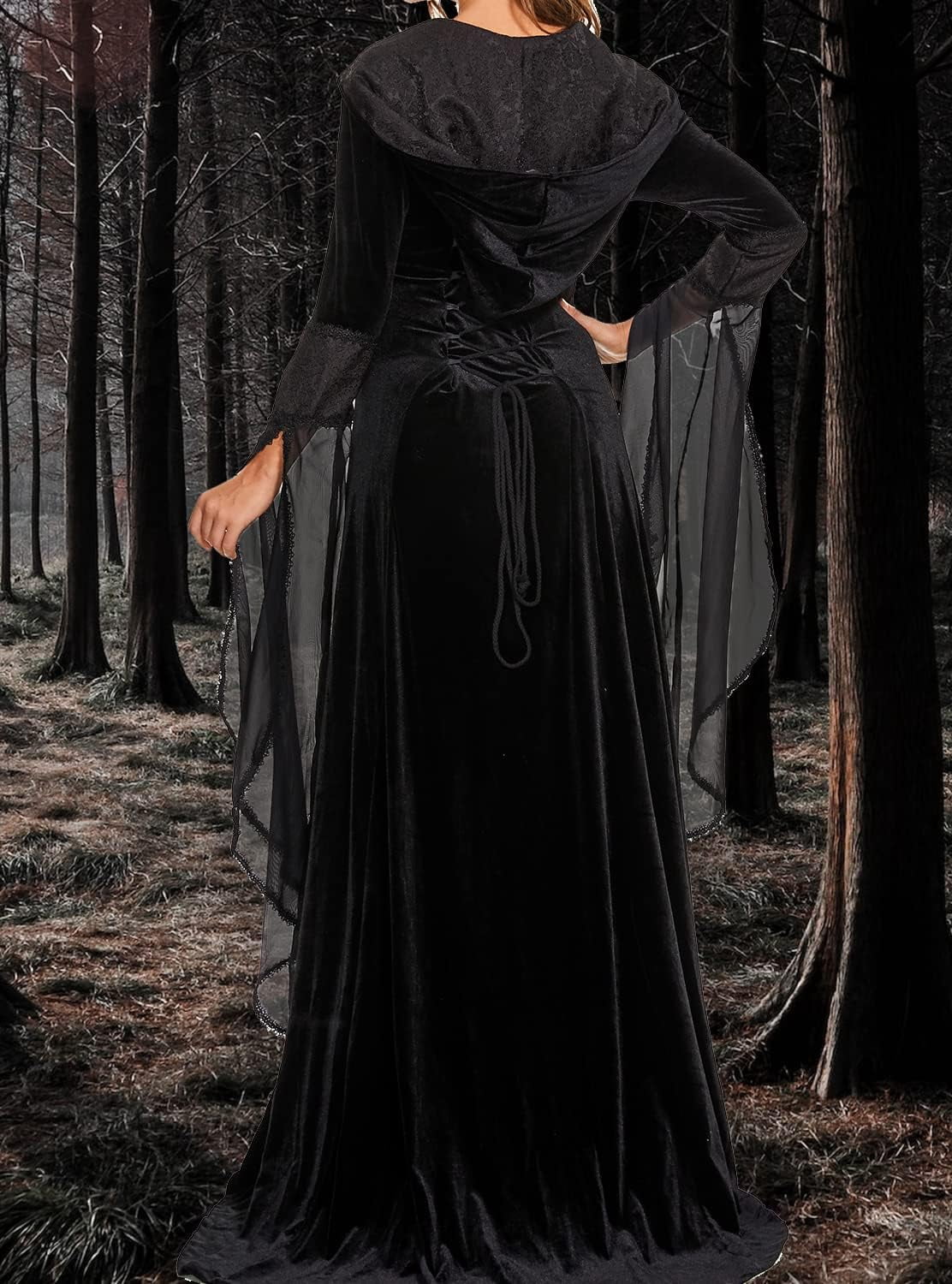 Halloween Witch Costume Women, Deluxe Witch Dress Costume, Vintage Embroidered Renaissance Gothic Hooded Vampire Gown Dress Cosplay Costumes Black M