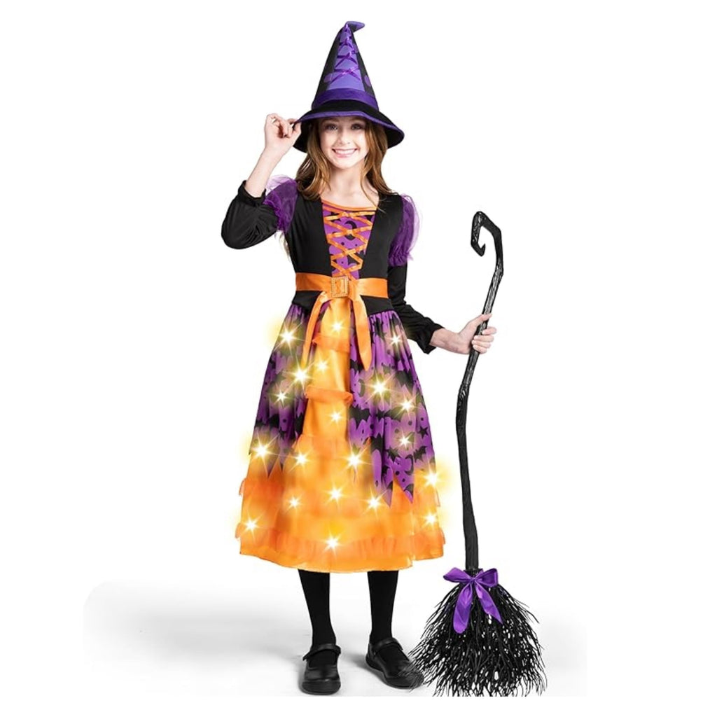Joyfy Light up Witch Costume for Girls,Starry Witch Dress with Broom Hat for Kids and Toddlers, Perfect for Halloween Party Dress-up Cosplay Age 5-7