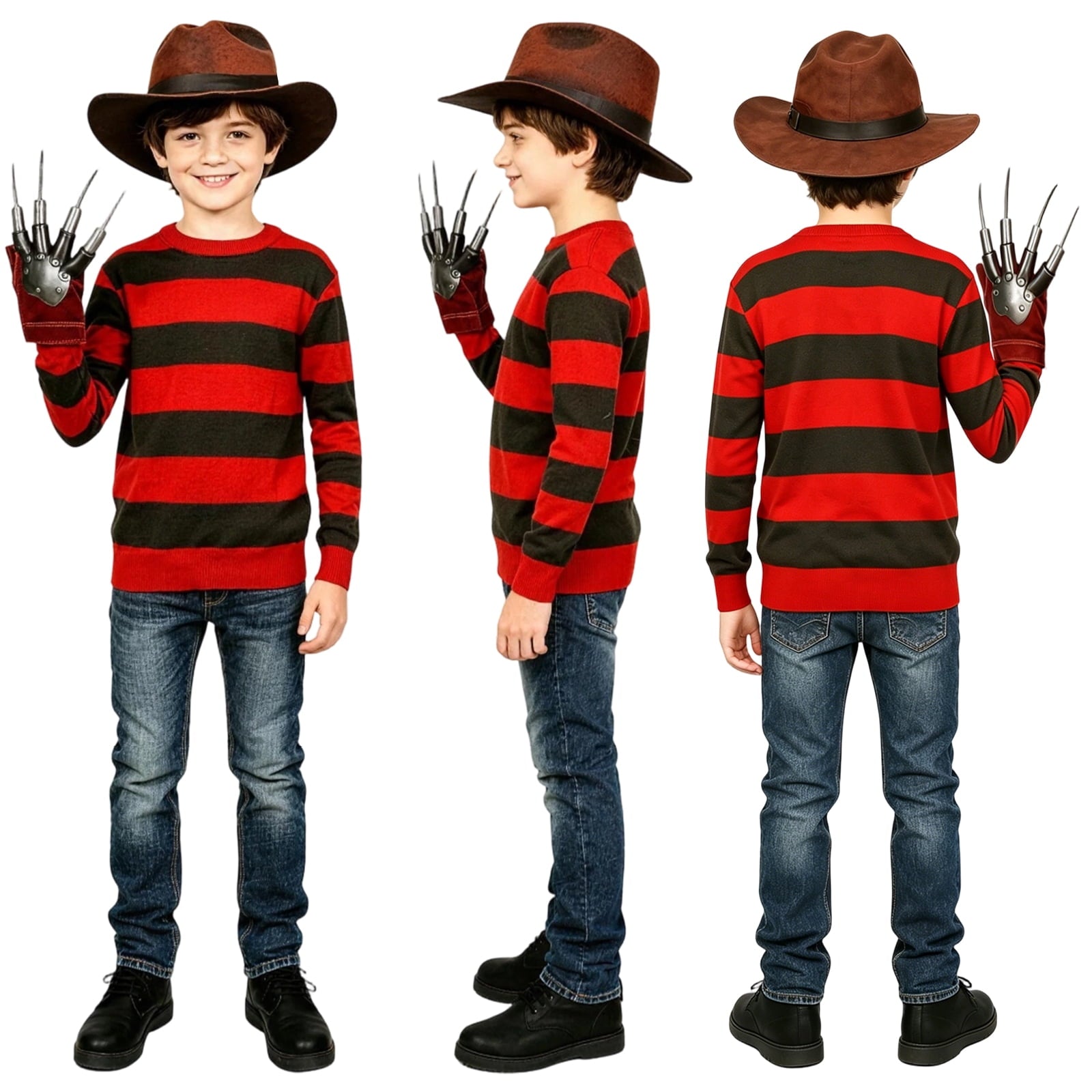 BUXULYP Halloween Killer Costume Kids Red Striped Sweater Hat Glove Claws Cosplay Outfits for Boys Girls Toddler Youth