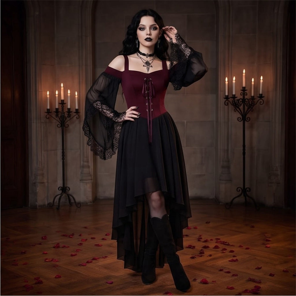 Witch Dress Women 2026 Halloween Costumes Woman Adults Medieval Vampire Butterfly Sleeve Mesh Gothic Outfits Red S
