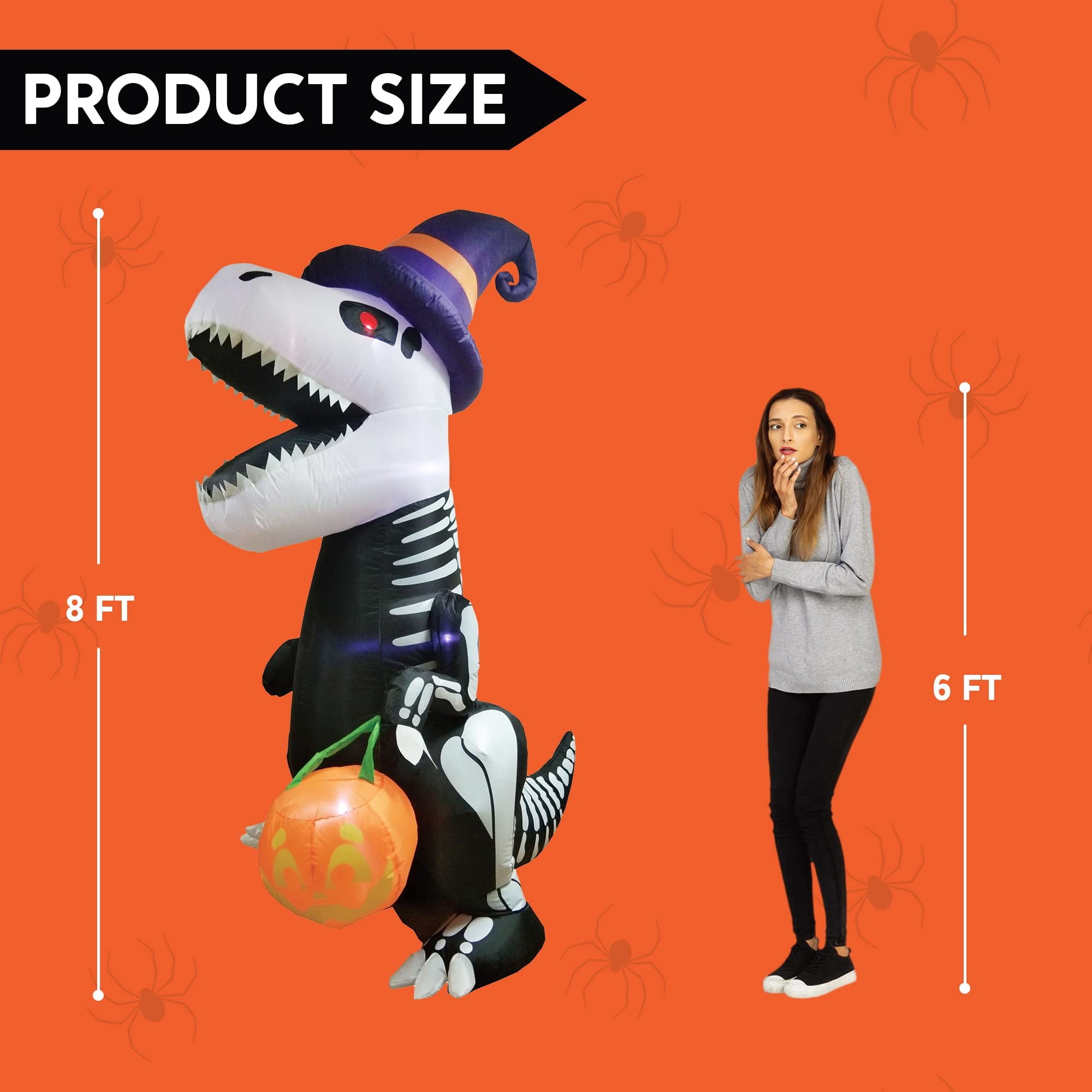 Joyfy 8 FT Halloween Inflatable Skeleton Dinosaur with Build-in LEDs Pumpkin Decorations,Halloween Outdoor Decorations Blow up Yard Decorations