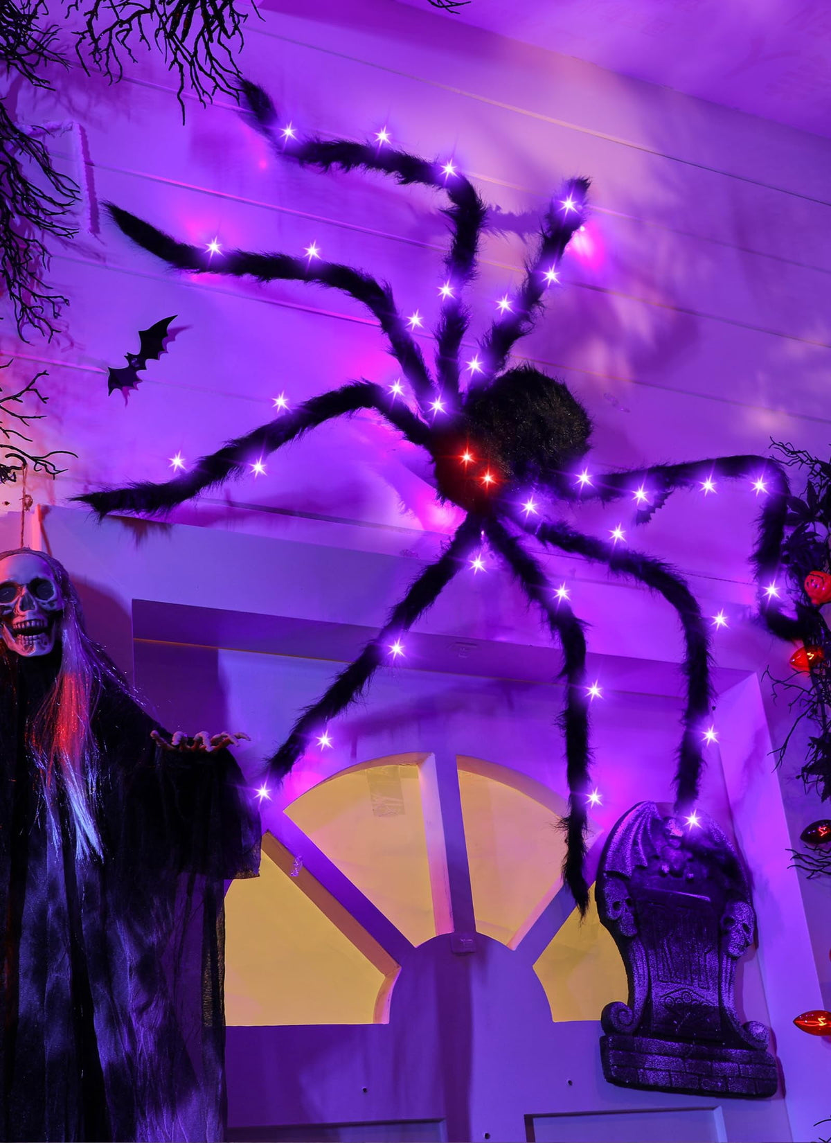 Halloween Decorations Outdoor Spider Webs: 1Pcs Giant Spiders - 200'' Triangular Web with Hook - Stretch Web and Ground Stakes for Large Halloween Decor and Haunted House Decoration