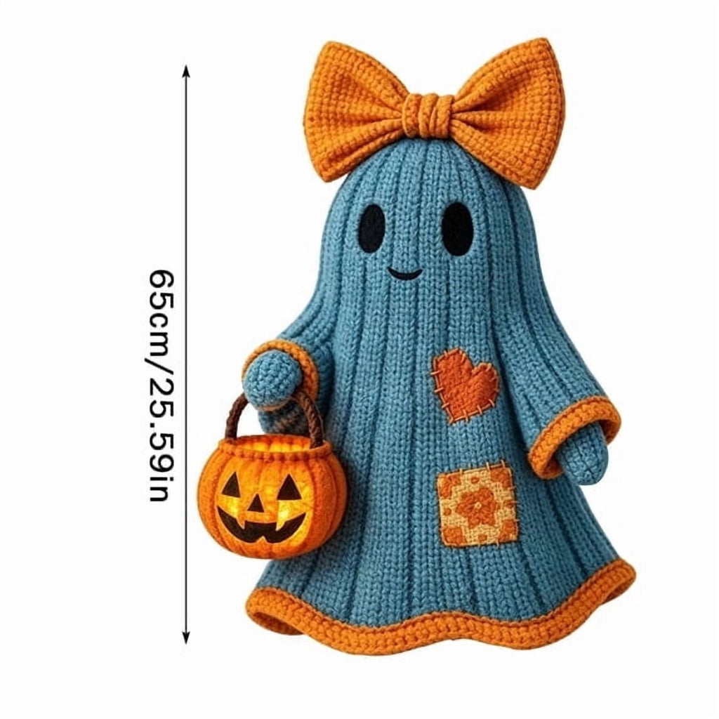 TOYOUME Vintage Patchwork Ghost, LED Glowing Retro Ghost Figurine, Floral Bow and Pumpkin Bucket for Warm Fall and Halloween Decoration, D