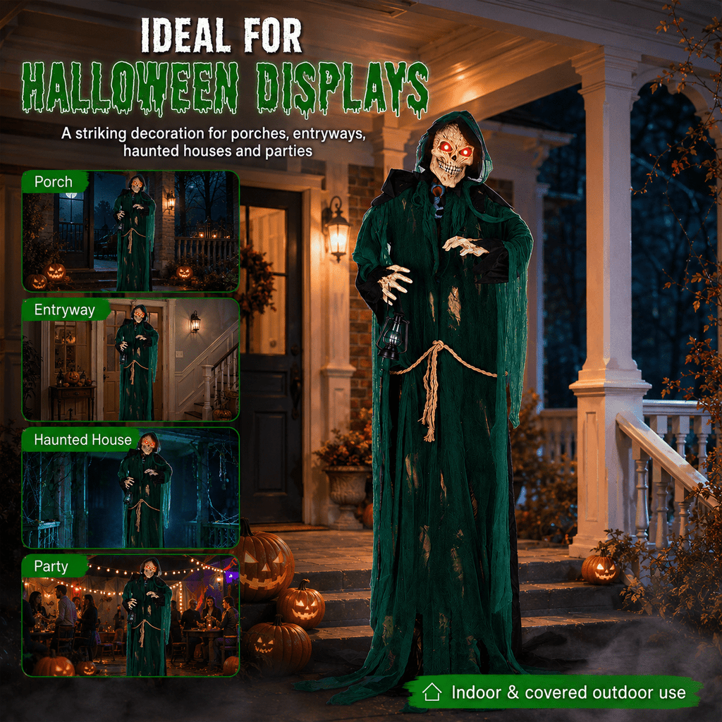 Romswi Halloween Decorations 7ft Standing Grim Reaper Animated with Light Up Eyes and Sound-Activated for Spooky Yard Garden Decor