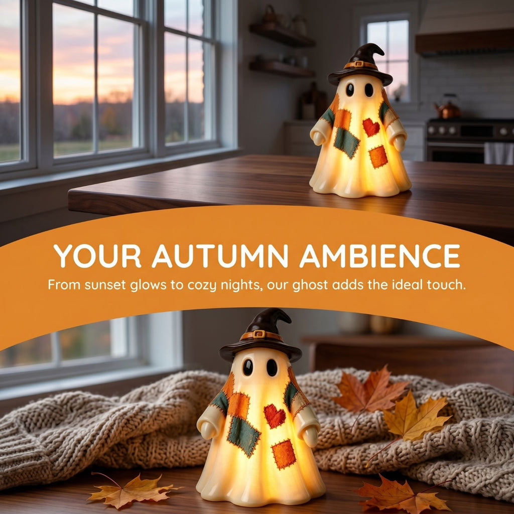 Lighted Vintage Patchwork Ghost, Rustic Farmhouse Halloween LED Light Up Ghost with Pumpkin Lantern, Spooky Cute Fall Decor for Mantel, Shelf, Tiered Tray, Entryway Porch Tabletop