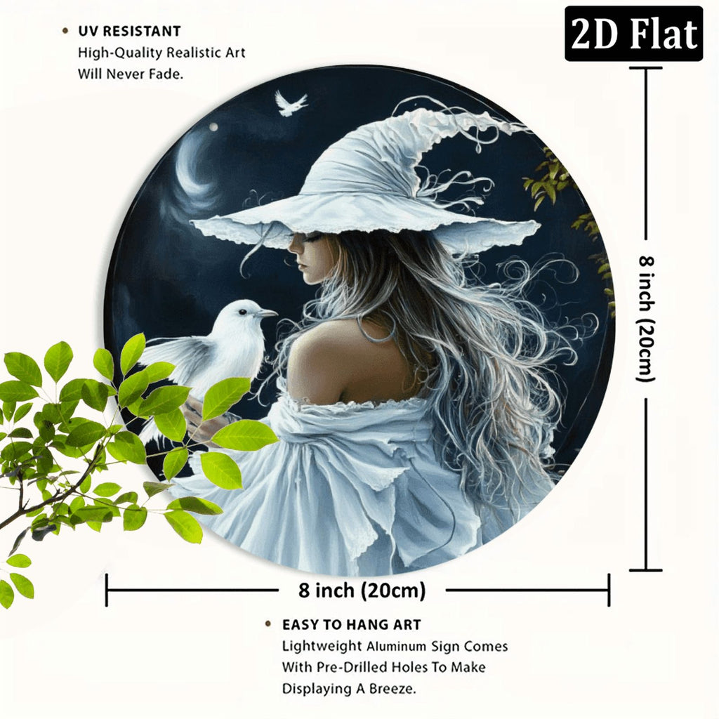 2D Enchanting White Witch &amp; Cat Round Sign - 8*8 Inch _ Durable, Fade-Resistant Wall Art for Home, Office, Cafe _ Mystical Forest &amp; Starry Sky Design _ Ideal Halloween &amp; Thanksgiving Gift