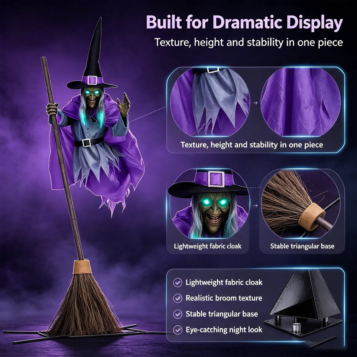 Halloween Flying Witch on Broom Decorations, 6 FT Animated Hovering Witch Animatronics Holding Sweeper Props with Scary Sounds and Lights, House Decor for Outside Indoor Garden Yard Lawn