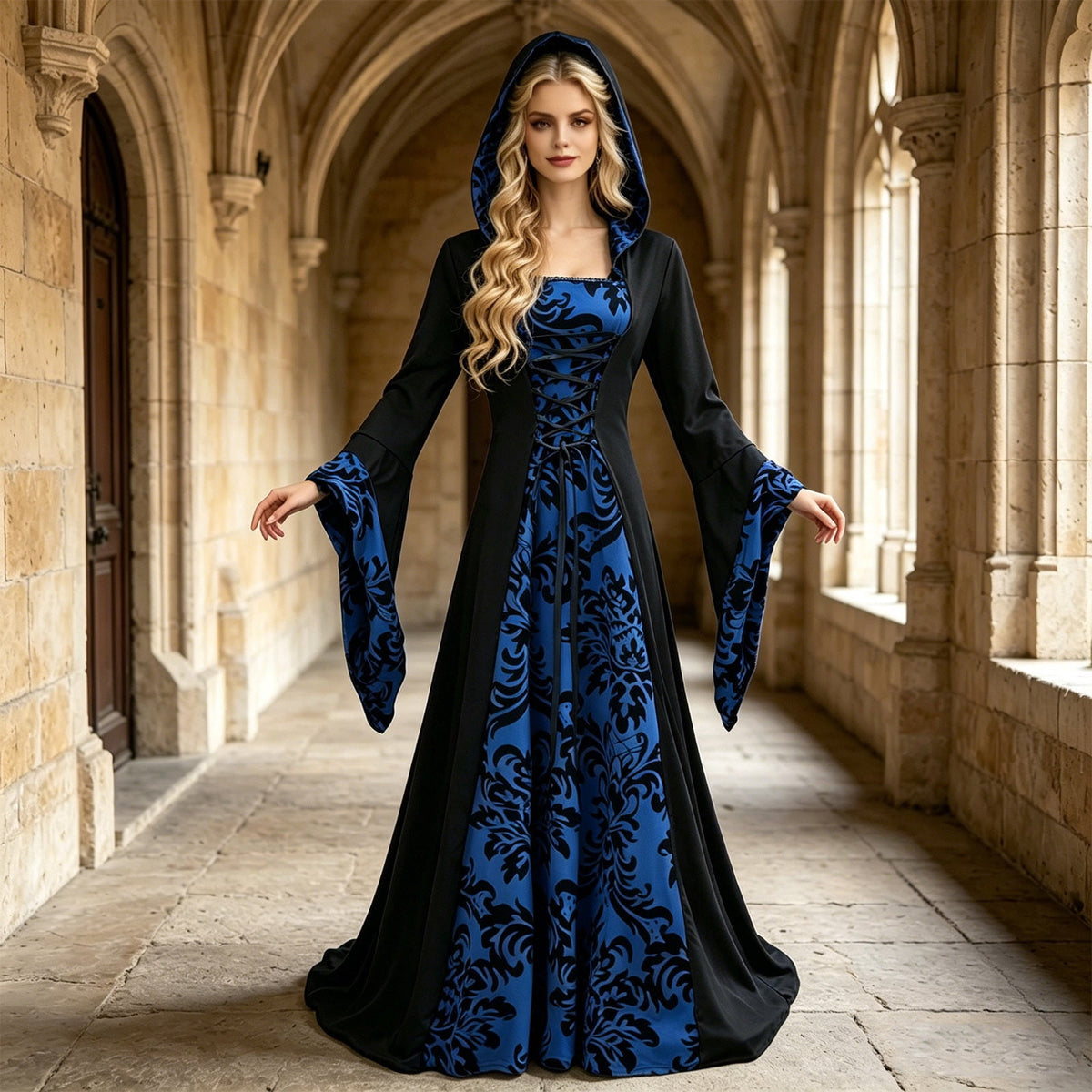 ZGRBOU Womens Vampire Witch Dress Halloween Cosplay Costumes Masquerade Hooded Gown Dress Medieval Gothic Dress Plus Size