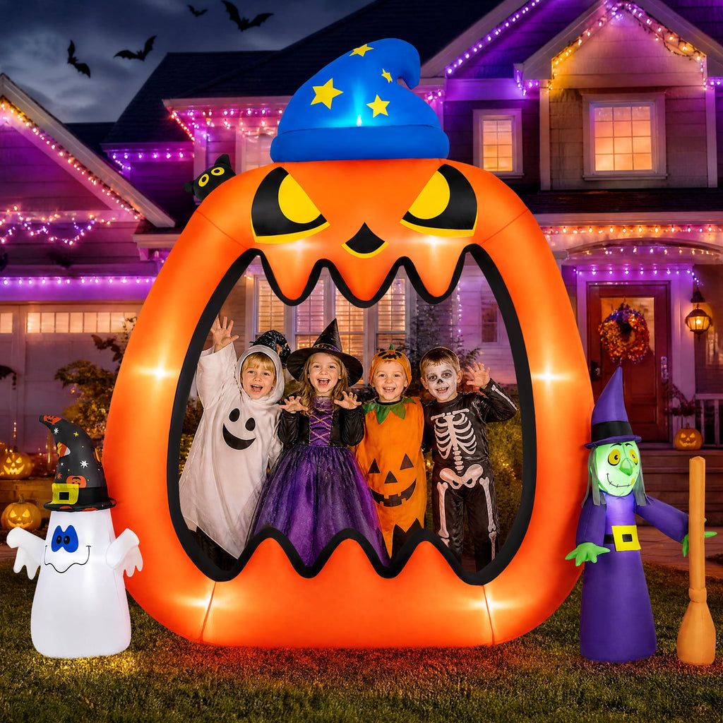 Firstness 8.2ft Halloween Inflatable Pumpkins Photo Door with Ghost Witch Yard Party Outdoor Decorations with LED Lights