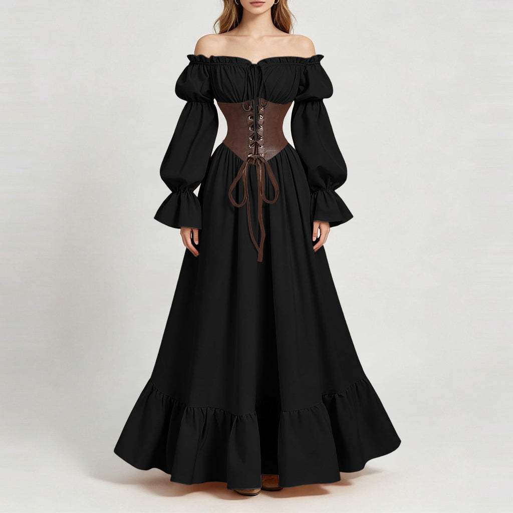 QATAINLAV Renaissance Costume Women Vintage Medieval Dress Cold Shoulder Short Sleeve Peasant Pirate Irish Maxi Dresses, Black, L