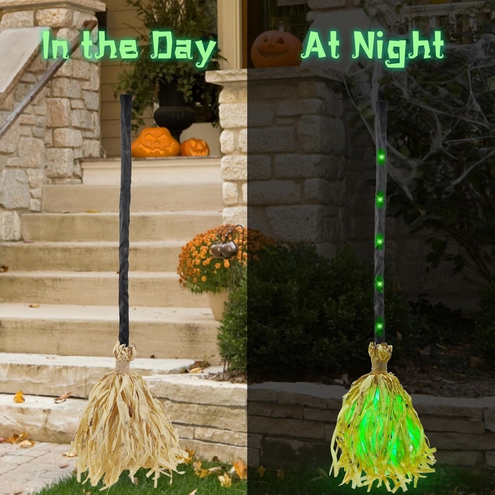 35" Animated Halloween Witch Broom - Light up Dancing Grean Broomstick with Sounds | Halloween Decor for Indoor & Outdoor Porch 1PC