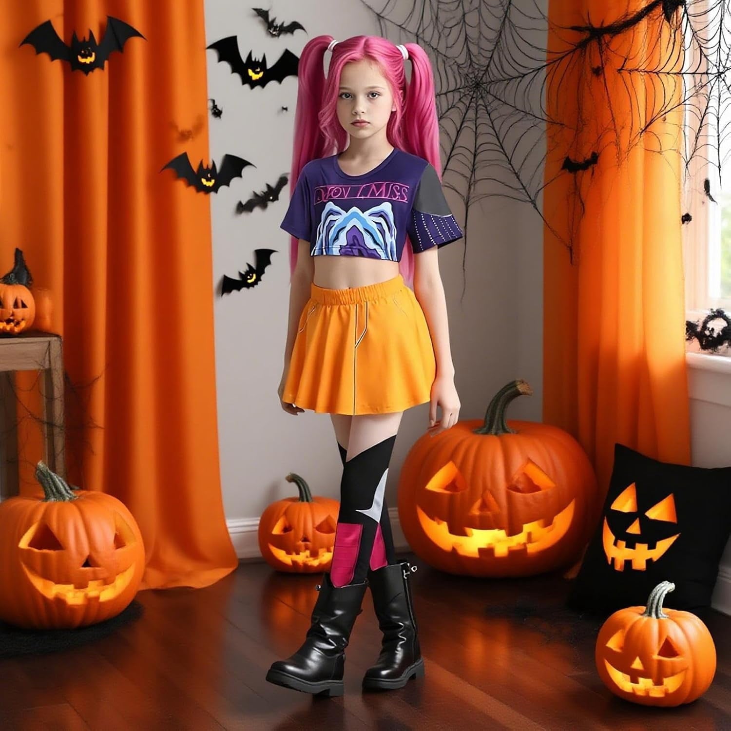 ZUITEH Halloween Anime Cosplay Miras Costumes,Popular Singer Idol Group T-Shirts Skirt Suit With Wig Full Set, Pop Star Dress Up Stage Outfits For School Party Carnival Festival Performance