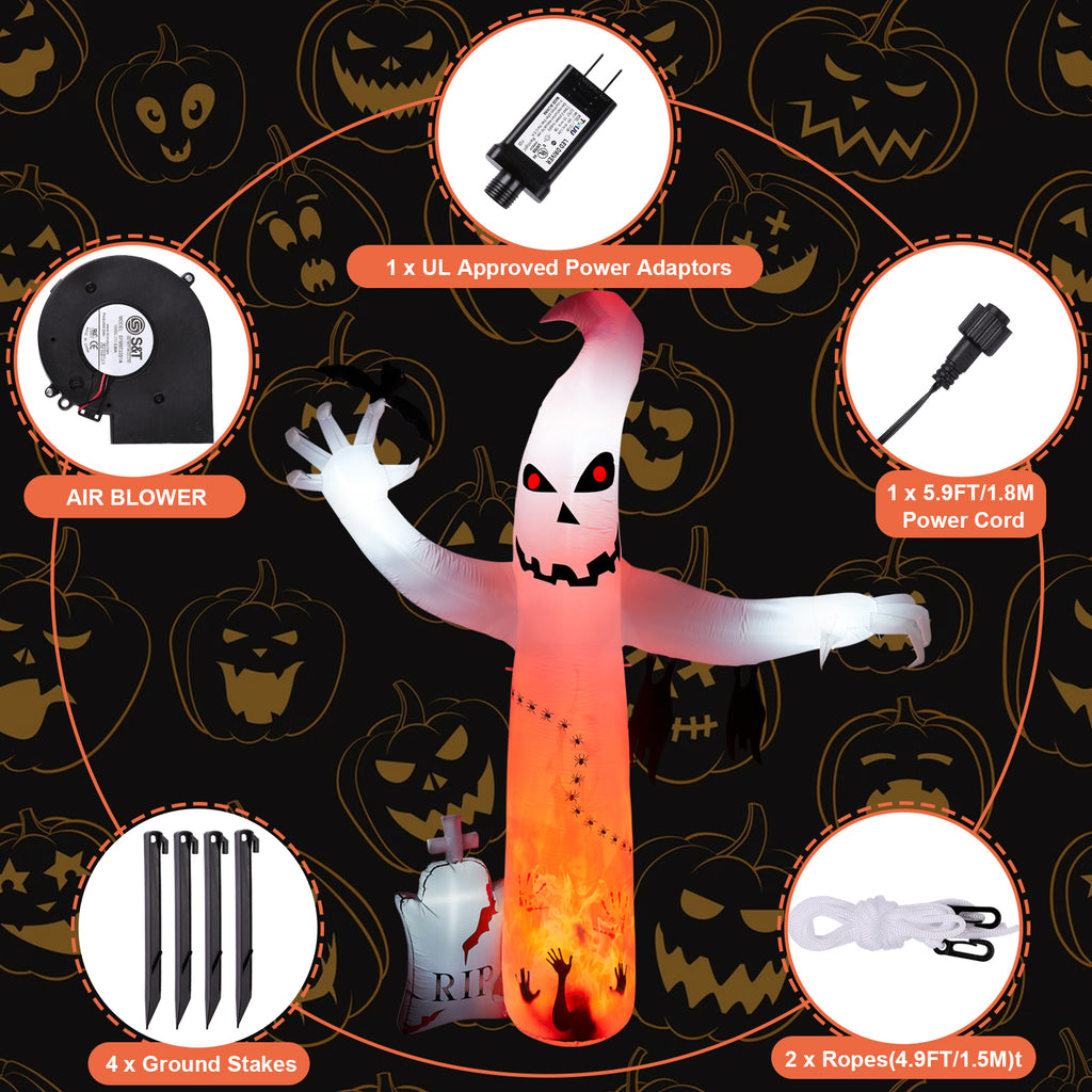 5.7FT Inflatable Halloween Inflatable Crawling Green Ghost with Tombstone Built-in LED Lights Inflatable LED Lights Blow Up Yard Decoration