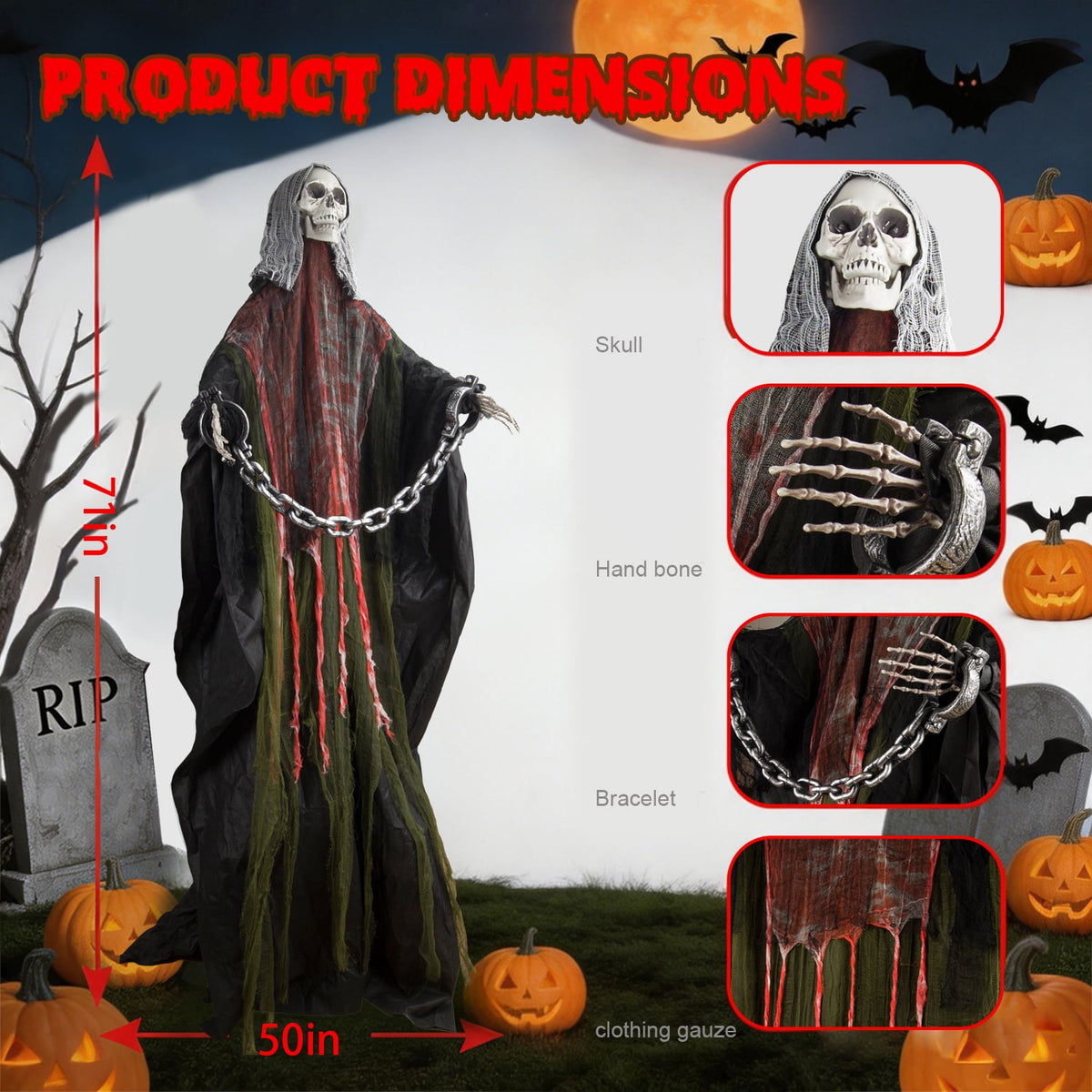 Magotan 6ft Halloween Outdoor Skeleton Ghost Decorations, Sound Controlled Swinging Scary Skeleton Ghost Halloween Decoration for Outdoor Garden Porch Yard Decor,Red