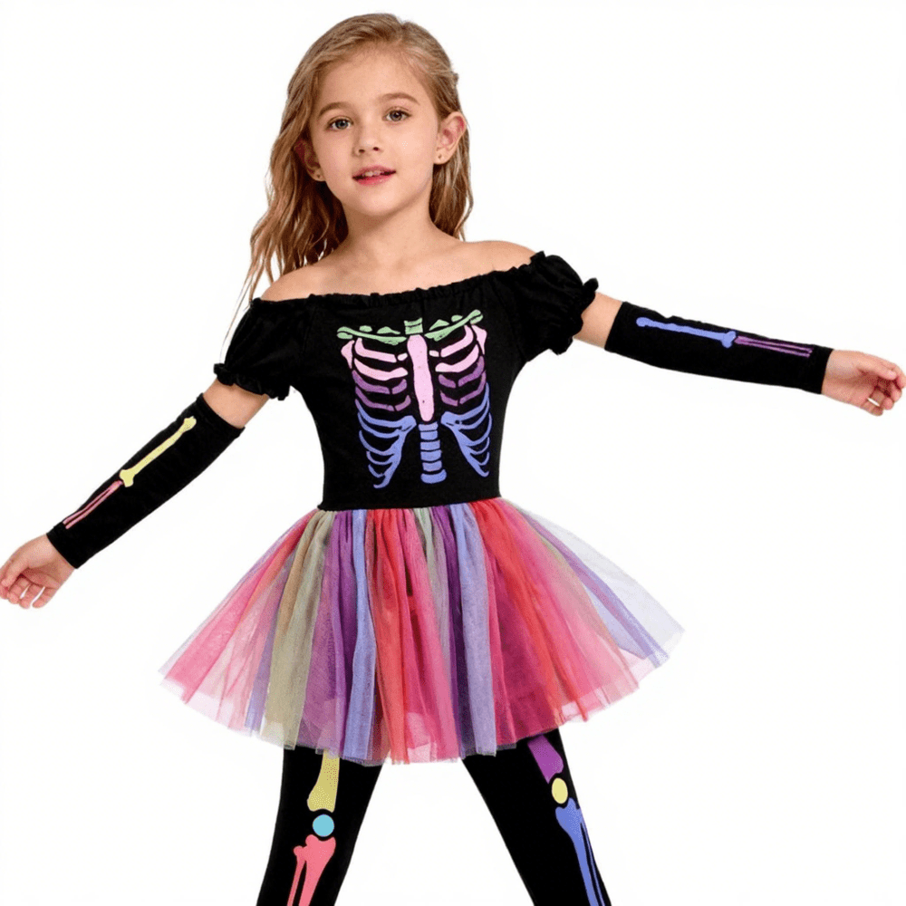 Little Girls Holiday Outfits Short Sleeve Tutu Skirt + Leggings + Arm Sleeves Set, Size 4-8 Years