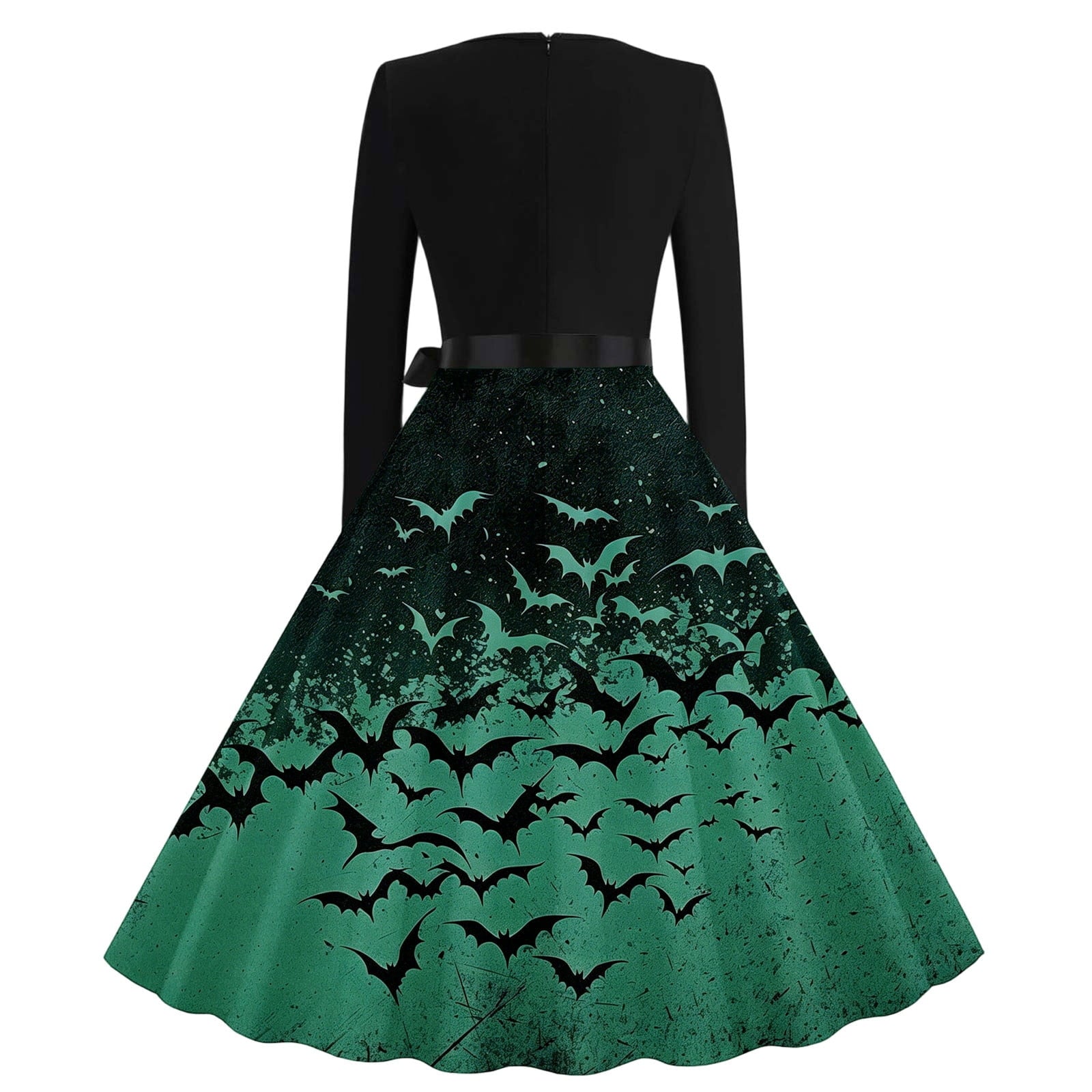 Women's Vintage Halloween Bat Print Swing Dress Long Sleeve 1950s Retro A-Line Midi Dresses with Satin Sash Belt for Gothic Cosplay Evening Prom Party