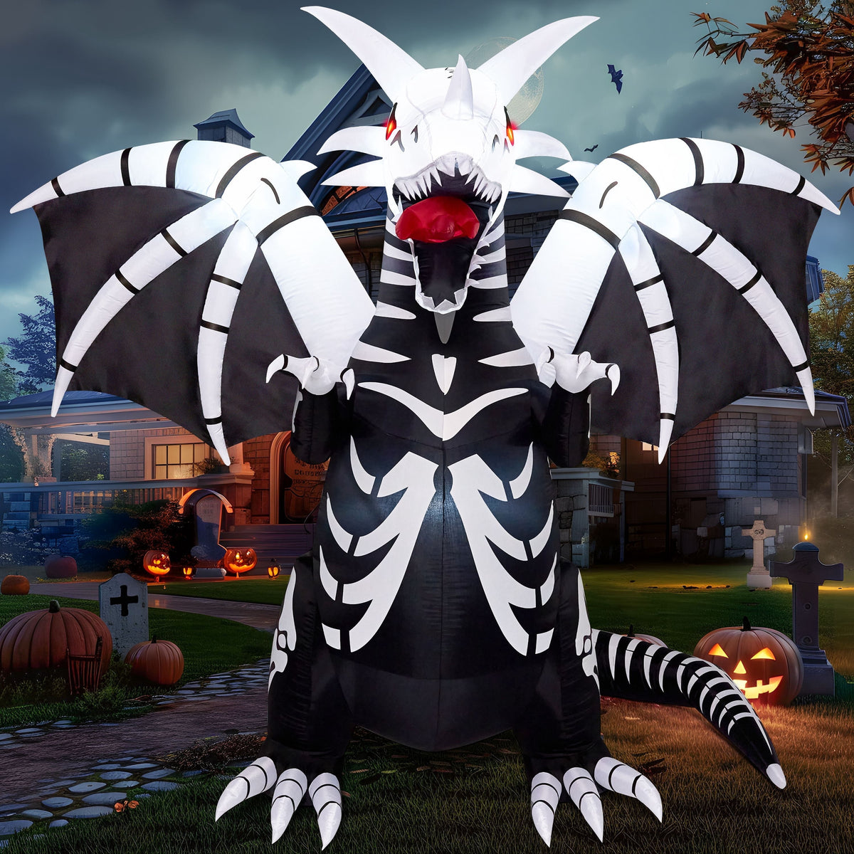 Joyfy 8 FT Halloween Inflatable Skeleton Dinosaur with Build-in LEDs Pumpkin Decorations,Halloween Outdoor Decorations Blow up Yard Decorations