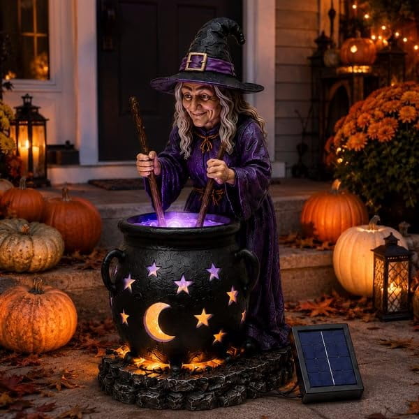 Halloween Witch Cauldron Solar Garden Light, Outdoor Resin Witch Figurine Holiday Decorations for Garden Patio Lawn Pathway Fall Party