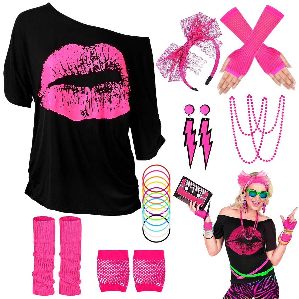 80s Costume for Women,80's Off Shoulder T-Shirt Headband Earring Necklace Fishnet Gloves Legwarmers for Women 80s outfit for 80s Party 22PCS