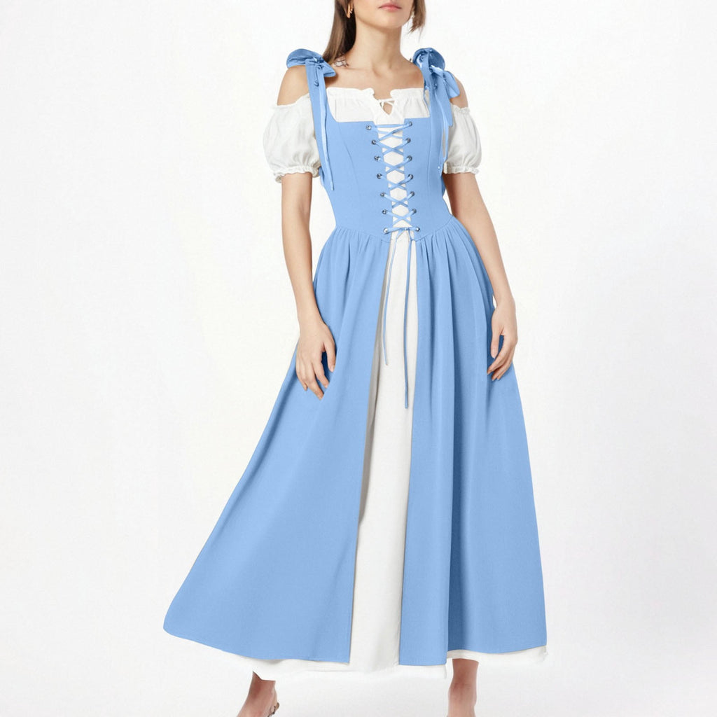 QATAINLAV Renaissance Costume Women Vintage Medieval Dress Cold Shoulder Short Sleeve Peasant Pirate Irish Maxi Dresses, Black, L